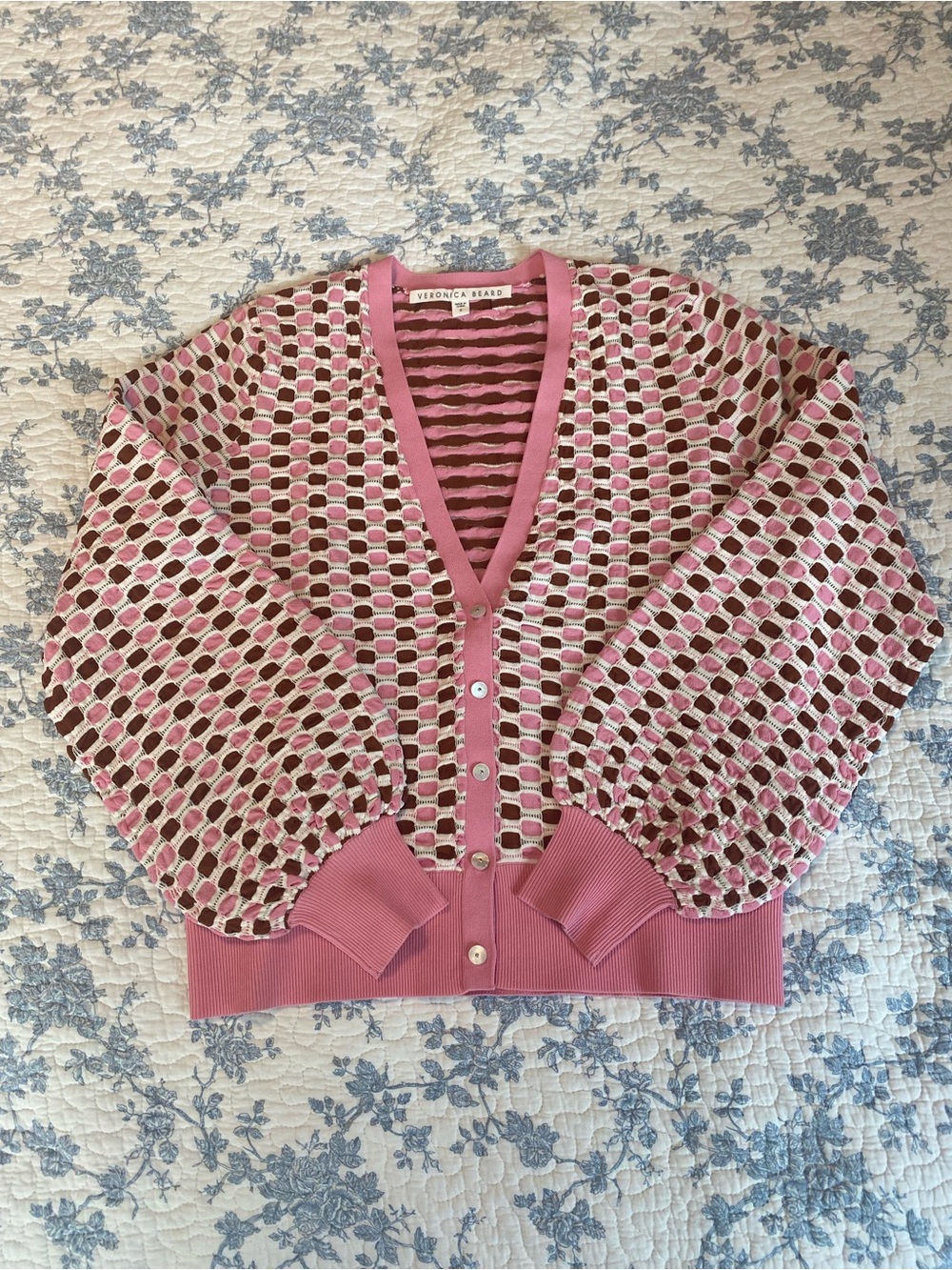 Veronica Beard Loraine Balloon Sleeve V-Neck Geometric Cardigan Size Small
